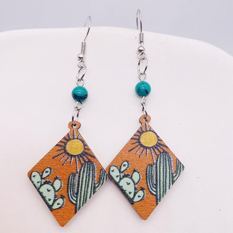Wholesale Western Style Turquoise Cactus Sunset Wooden Earrings